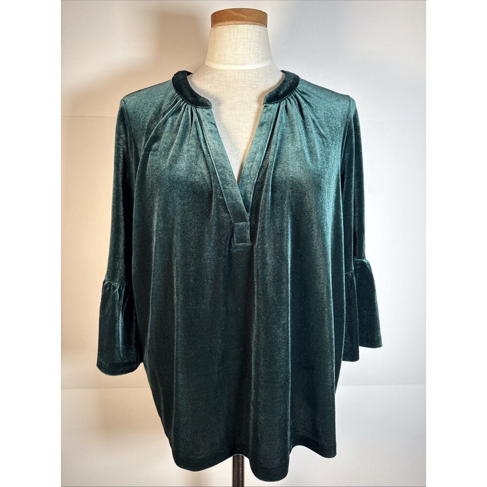 Boden Green Velvet  Velour  V Neck  Top 3/4 Sleeve Ruffle Size US 14 NWT Xmas